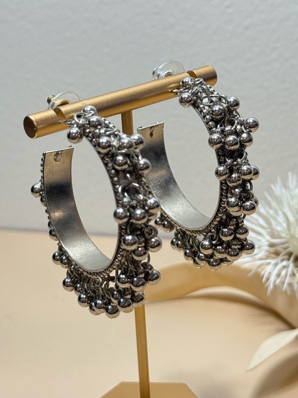 Vintage Silver Tone Fringe Beaded Hoop Statement Earrings